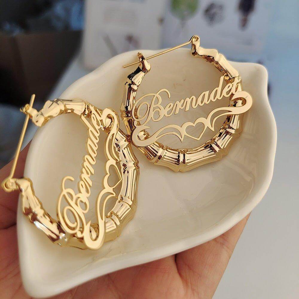 Custom Name Bamboo Earrings - Hoop Style - Heart-shaped - Gift Box - PrittiJewelry